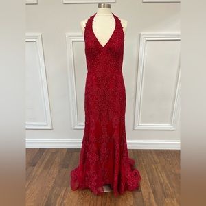 Mon Cheri Scarlet Halter Prom Gown